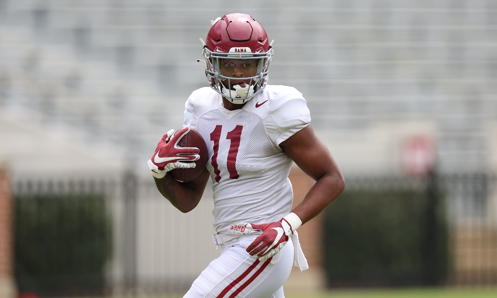 Alabama WR Traeshon Holden (#11) in warmups before second scrimmage of 2022 Spring Football Practice