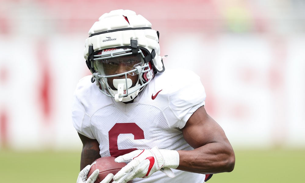 Alabama RB Trey Sanders (#6) breaks a big run in 2022 Spring Football Scrimmage