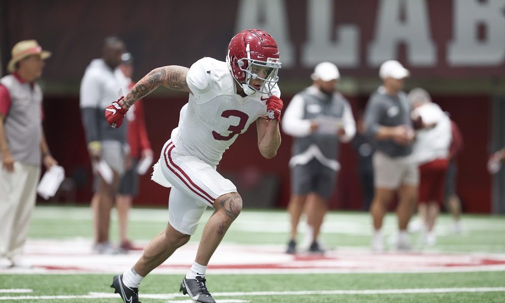 Alabama WR Jermaine Burton (#3) running a route in 2022 Spring Football Practice