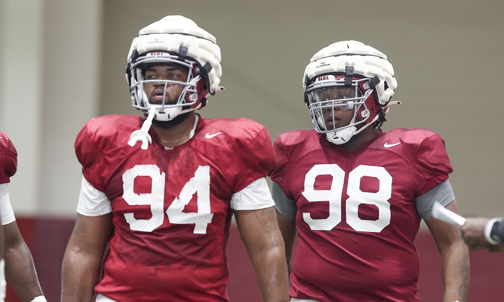 Alabama defensive linemen DJ Dale (#94) and Jamil Burroughs (#98) in 2022 Spring Football Practice