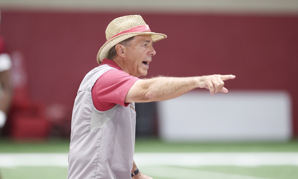 Nick Saban giving signals during Alabama 2022 Spring Football Practice