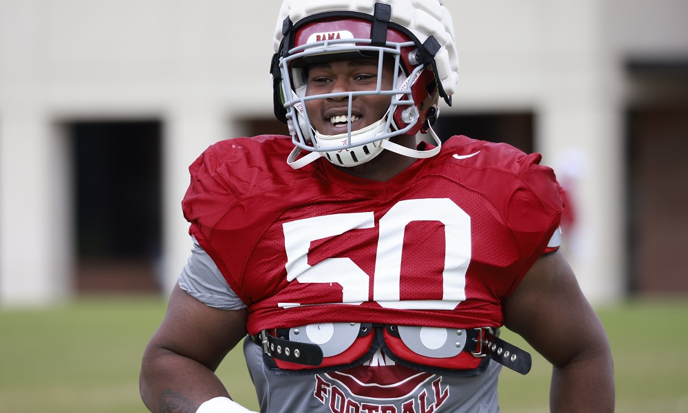 Alabama DL Tim Smith (#50) going through 2022 Spring Football Practice