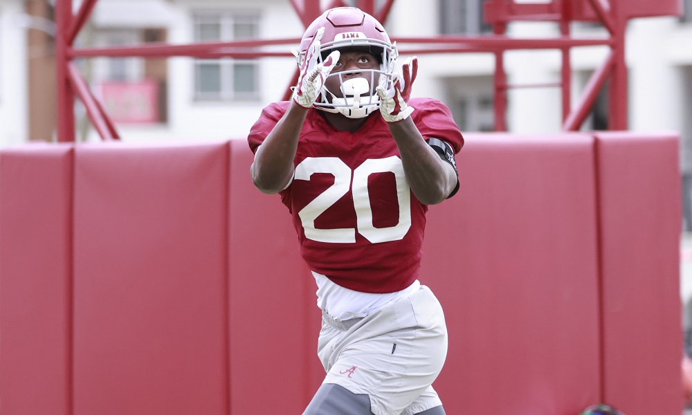 Alabama safety Kaine Williams (#20) going through drills in 2022 Spring Football Practice