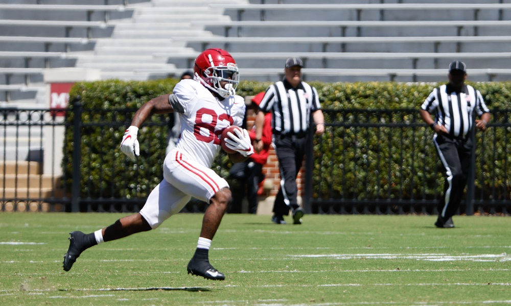 Alabama WR Aaron Anderson (#82) in warmups before second scrimmage of 2022 Spring Football Practice