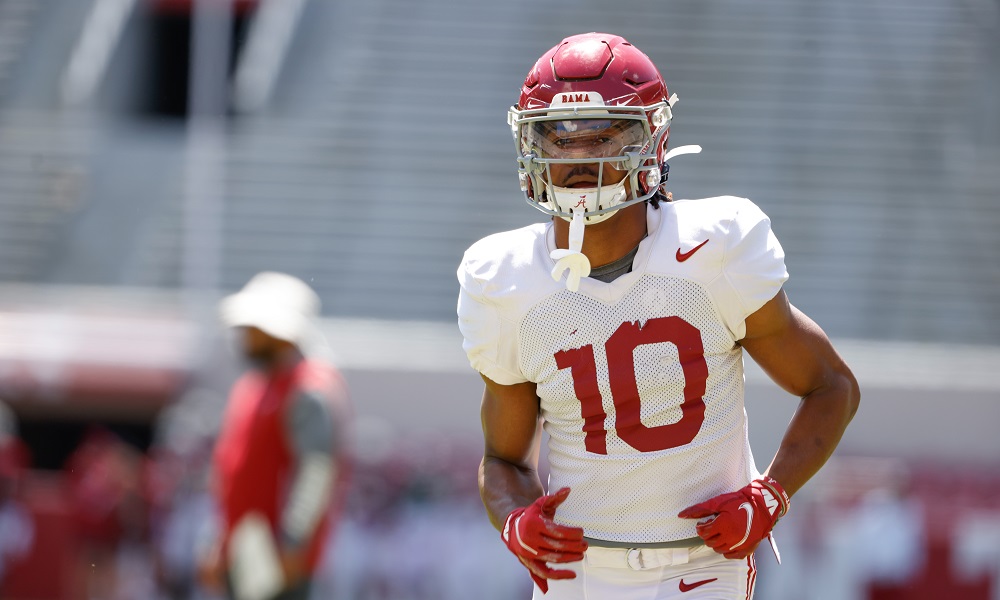 Alabama WR JoJo Earle (#10) in warmups before second scrimmage of 2022 Spring Football Practice