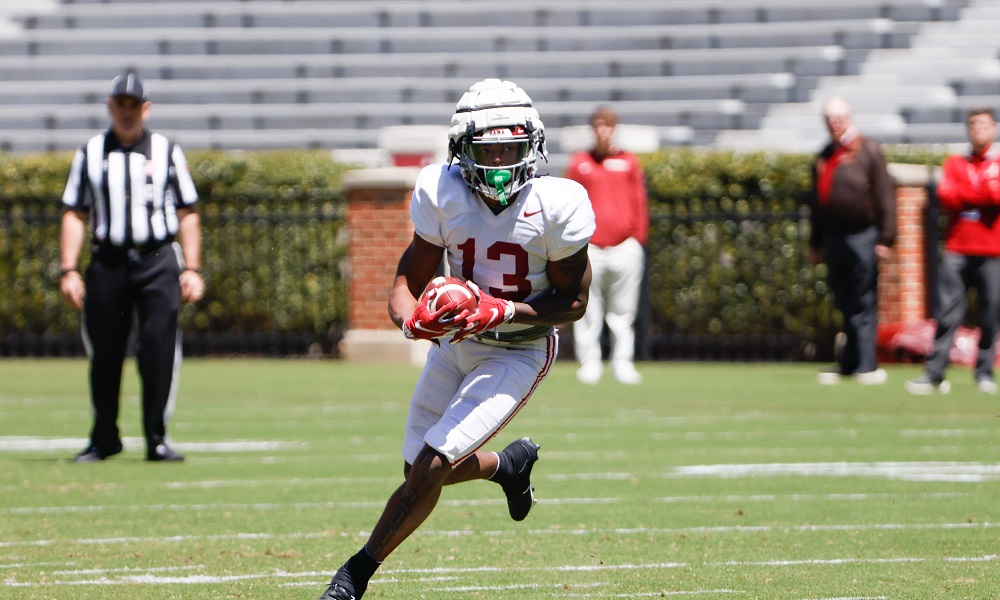 Alabama RB Jahmyr Gibbs (#13) in warmups before the second scrimmage of spring practice