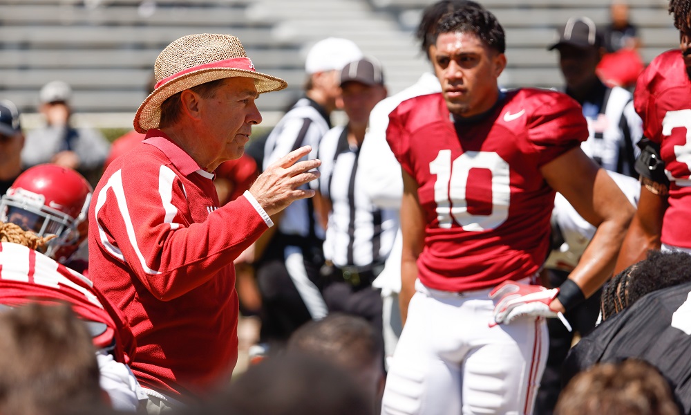 Nick Saban coaching the Alabama players during 2022 Spring Football Practice