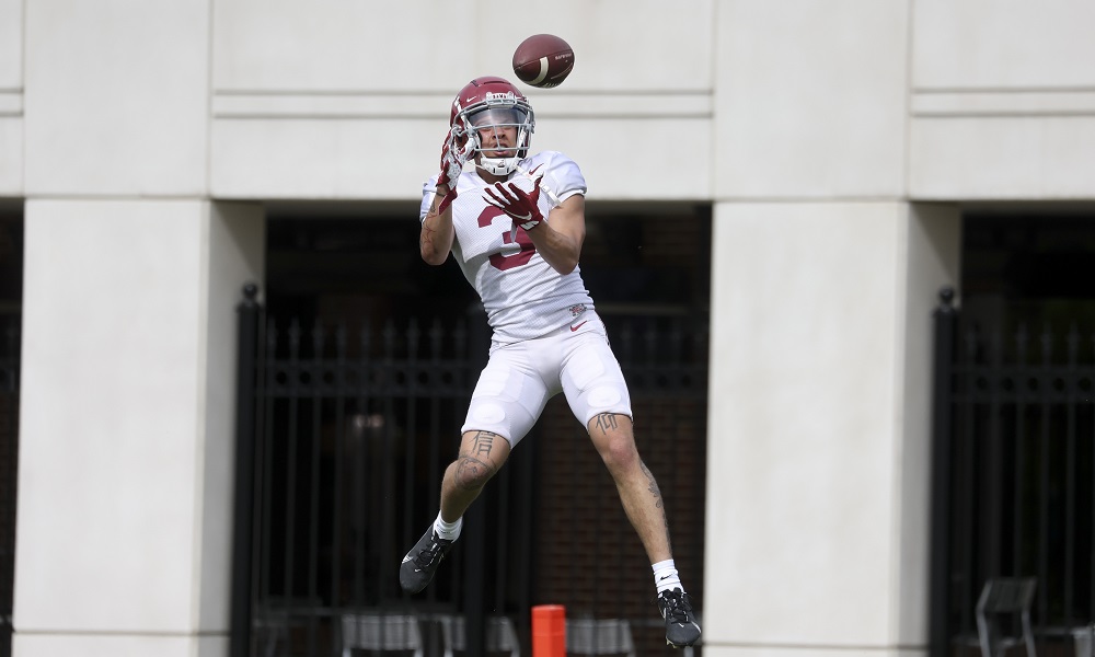 4/12/22 MFB Practice Alabama wide receiver Jermaine Burton (3) Photo by Kent Gidley