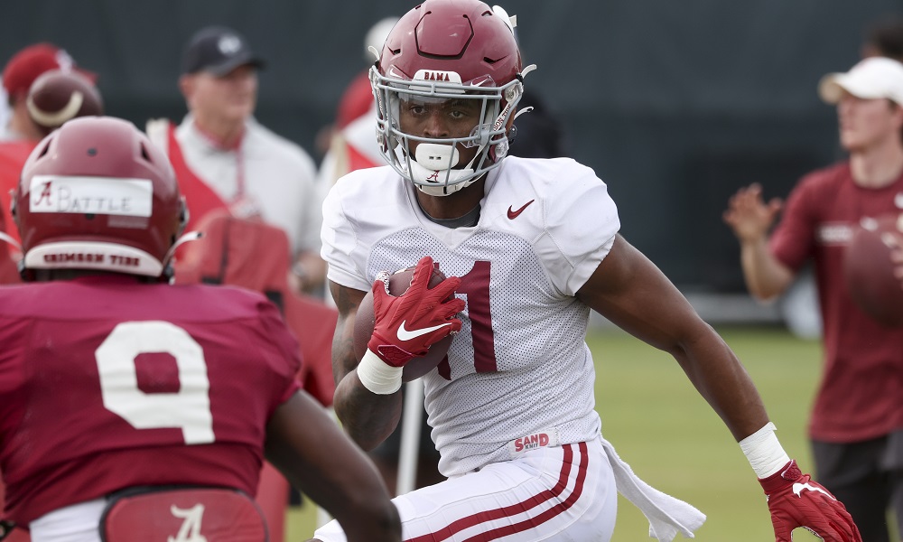 Alabama WR Traeshon Holden (#11) runs with the ball during 2022 Spring Football Practice