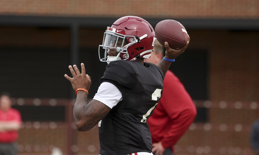 Alabama QB Jalen Milroe (#2) tosses a pass during 2022 Spring Football Practice