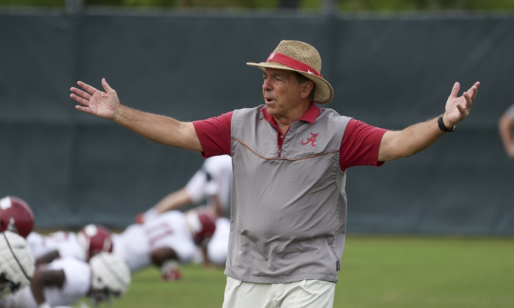 Nick Saban waiving his hands in frustration at Alabama 2022 Spring Football Practice