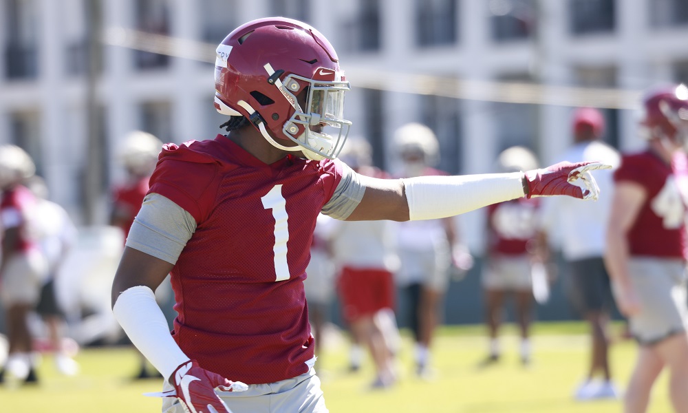 Alabama DB Kool-Aid McKinstry (#1) giving signals in 2022 Spring Football Practice
