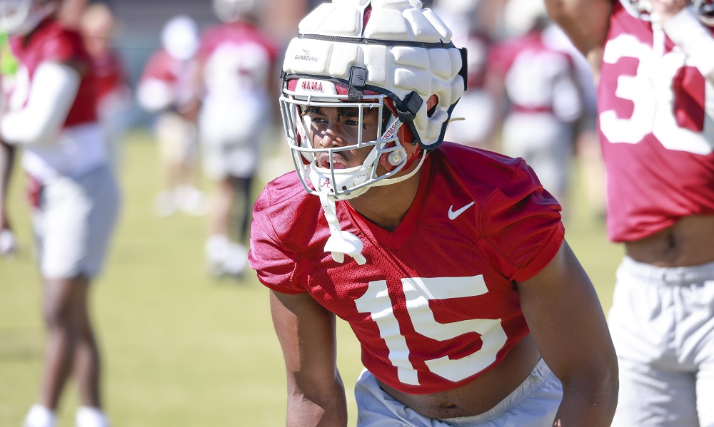 Alabama OLB Dallas Turner (#15) going through drills in 2022 Spring Football Practice