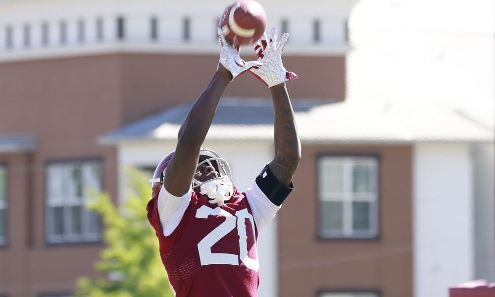 Alabama DB Kaine Williams (#20) perfuming drills in 2022 Spring Football Practice