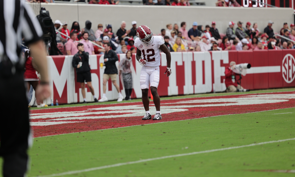 Alabama WR Christian Leary (#12) dances in the end zone after scoring a touchdown in 2022 A-Day Game