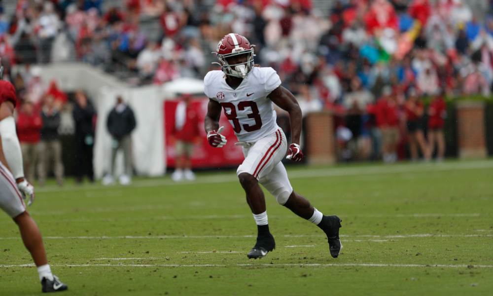 Alabama freshman WR Kendrick Law (#83) runs a route during 2022 A-Day Game