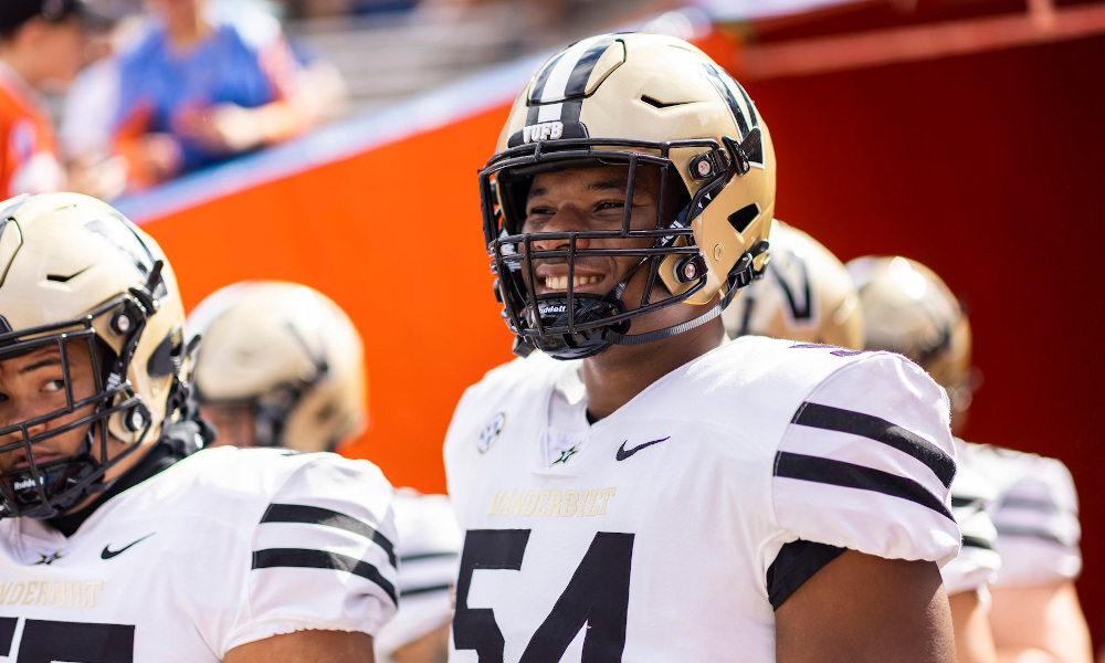 Tyler Steen (#54) for Vanderbilt comes out of tunnel smiling before 2021 matchup with Florida