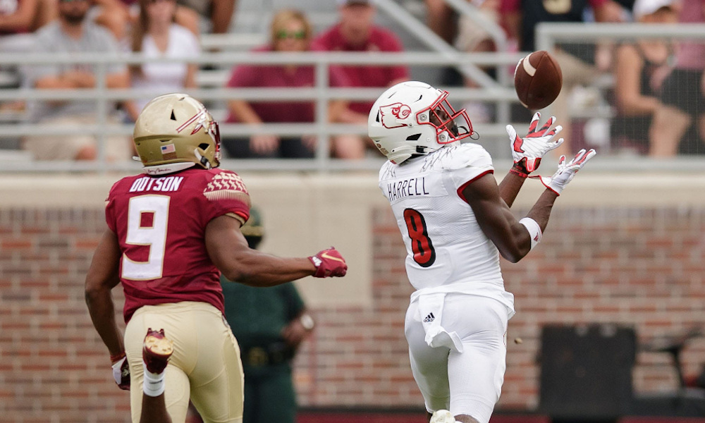 Cardinals WR Tyler Harrell (#8) with a TD catch in 2021 versus Florida State