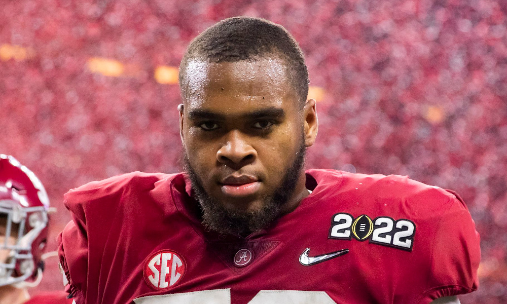 Alabama OT Evan Neal (#73) after loss to Georgia in 2022 CFP National Championship Game