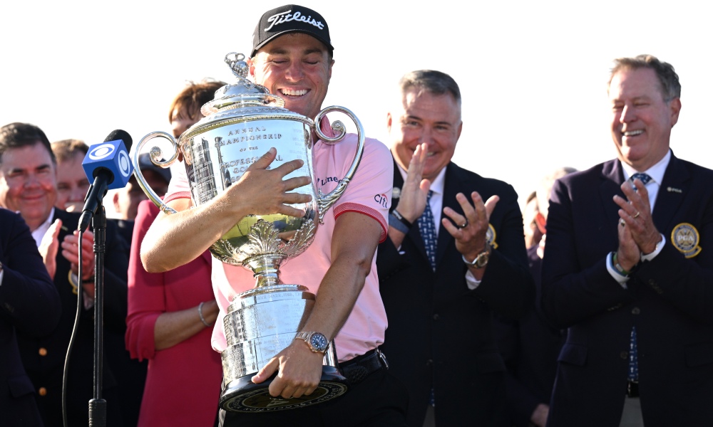 Justin Thomas celebrates winning 2022 PGA Championship