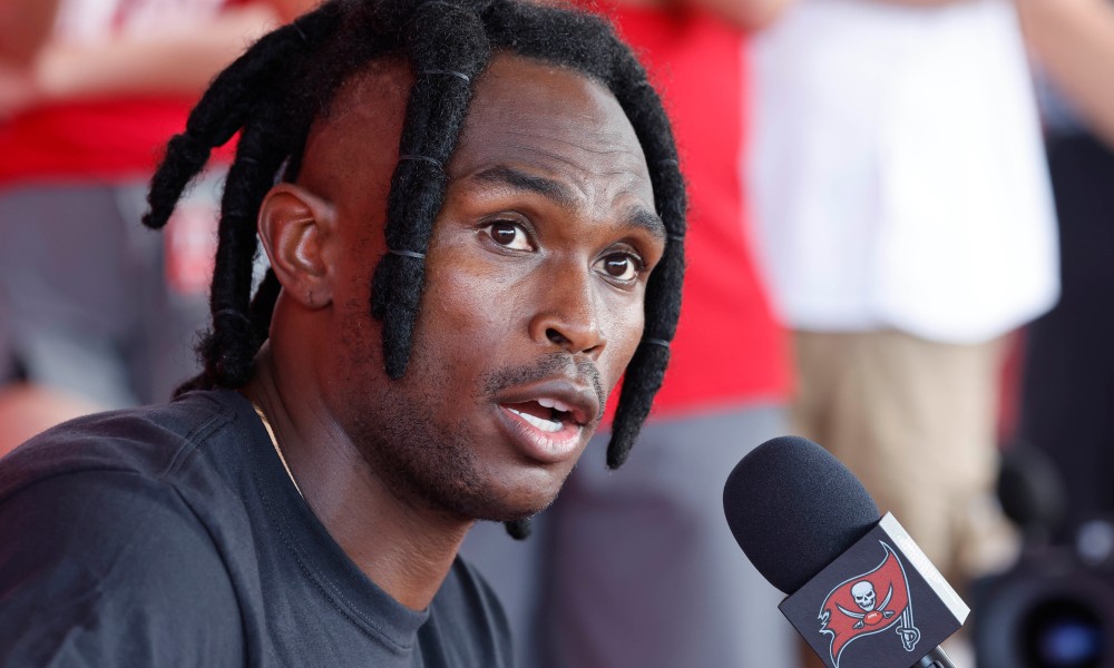 Julio Jones in a press conference for the Buccaneers in training camp