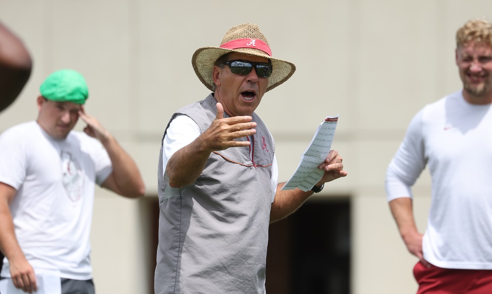 Nick Saban is giving signals in shades at Alabama's first practice of 2022 fall camp