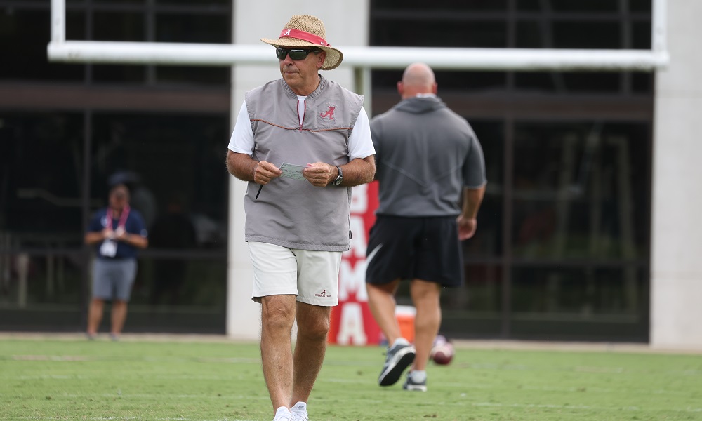 Nick Saban wearing shades during Alabama's first practice of 2022 fall camp