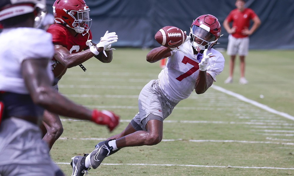 Alabama WR Ja'Corey Brooks (#7) snatching a pass in 2022 Fall Camp