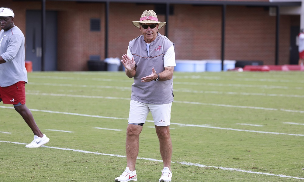 Nick Saban clapping for Alabama in 2022 Fall Camp Practice