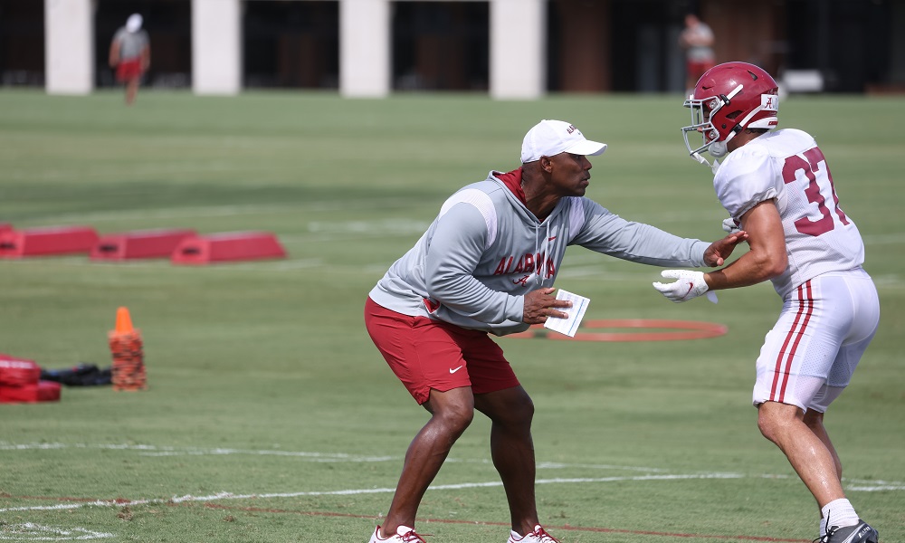 Alabama wide receivers coach Holmon Wiggins during 2022 fall camp for the Crimson Tide.