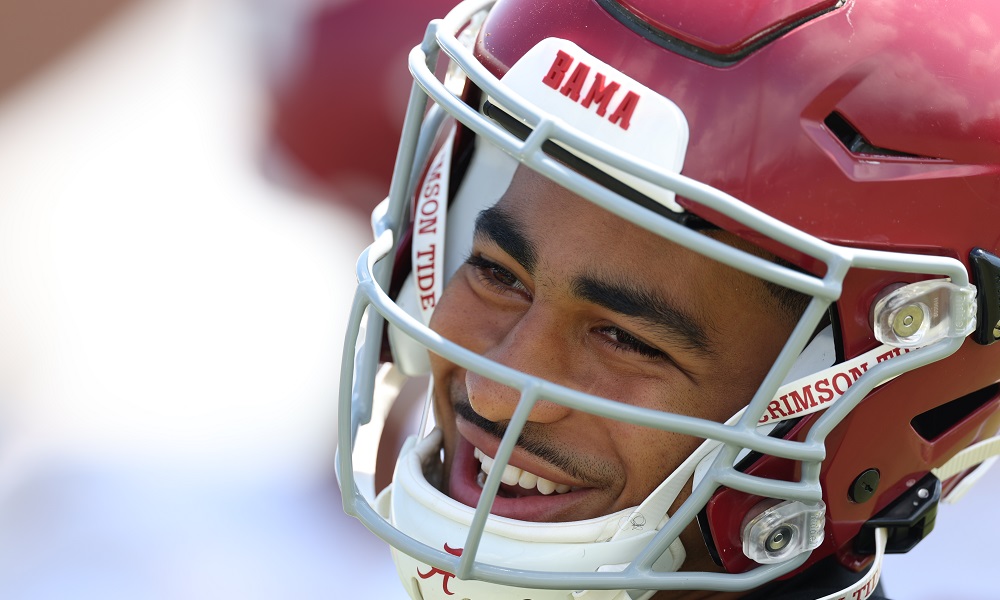 Alabama QB Bryce Young smiling during 2022 Fall Camp Practice