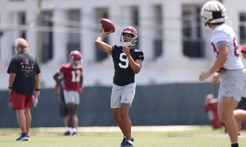 Alabama QB Bryce Young (#9) throws a pass in 2022 Fall Camp Practice