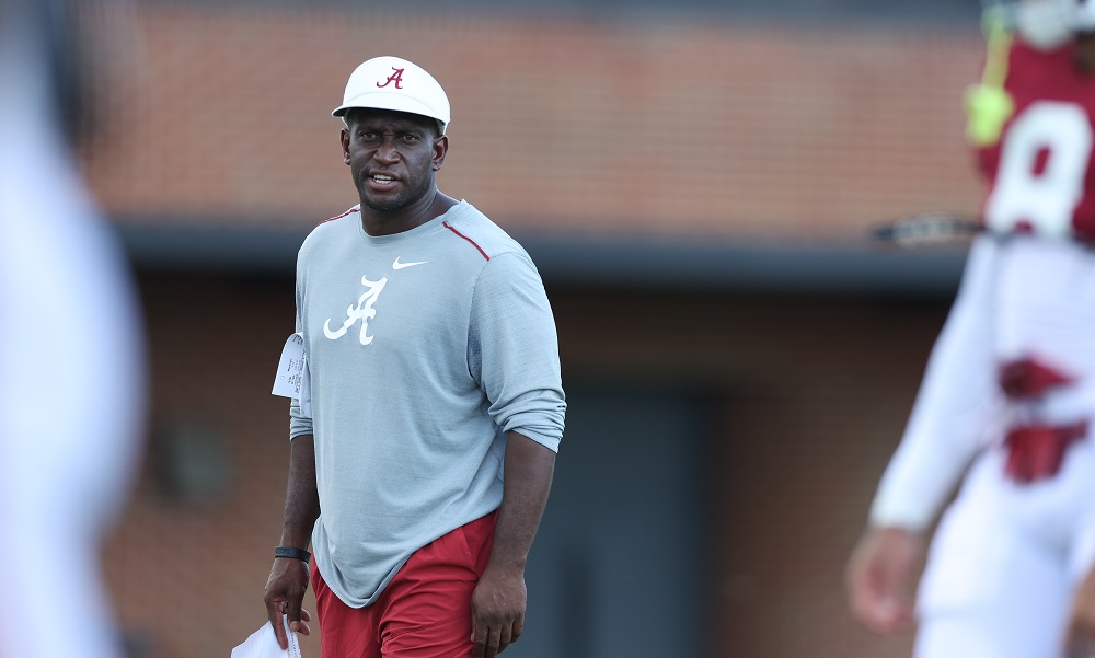 Alabama defensive backs coach Travaris Robinson looks on at practice