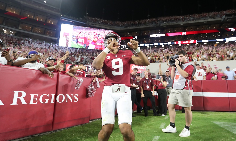 Alabama quarterback Bryce Young (9) celebrates a touchdown against Utah State at Bryant-Denny Stadium in Tuscaloosa, AL on Saturday, Sep 3, 2022