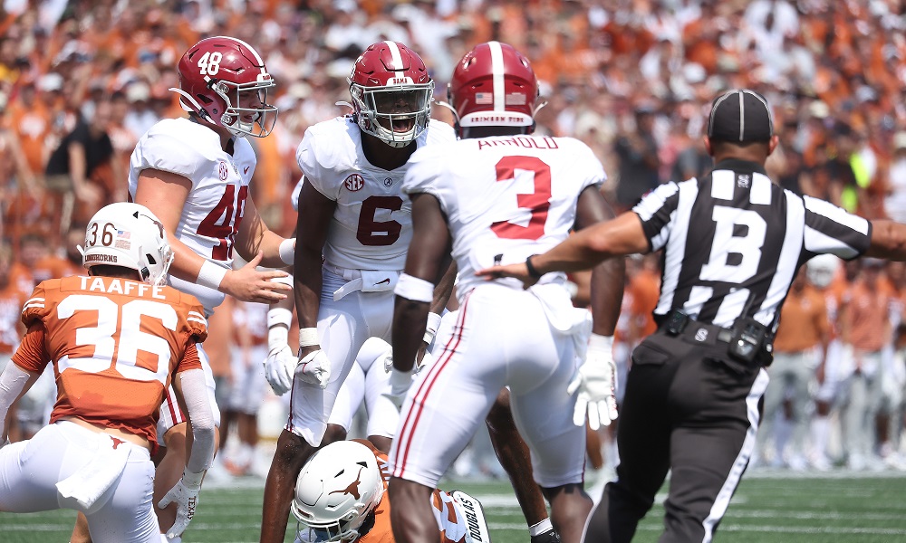 Alabama DB Khyree Jackson (#6) celebrates a play with CB Terrion Arnold (#3) versus Texas