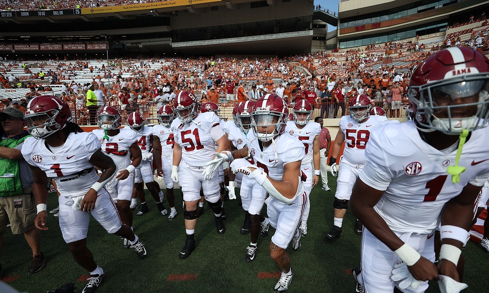 Alabama team takes field for pregame against Texas