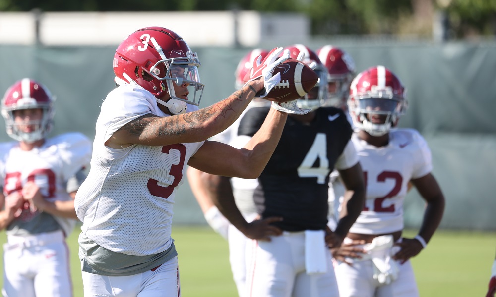 Alabama WR Jermaine Burton (#3) catching passes in practice for ULM prep