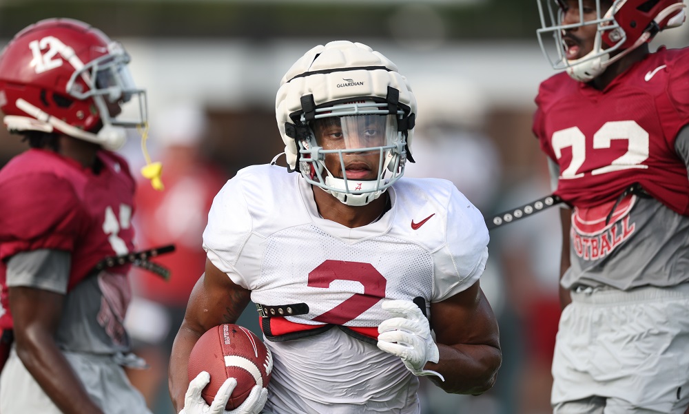 Alabama RB Jase McClellan (#2) going through practice for Texas preparation