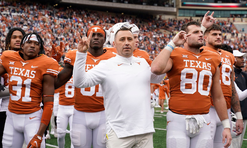 Steve Sarkisian celebrates a win with Texas during 2021 season