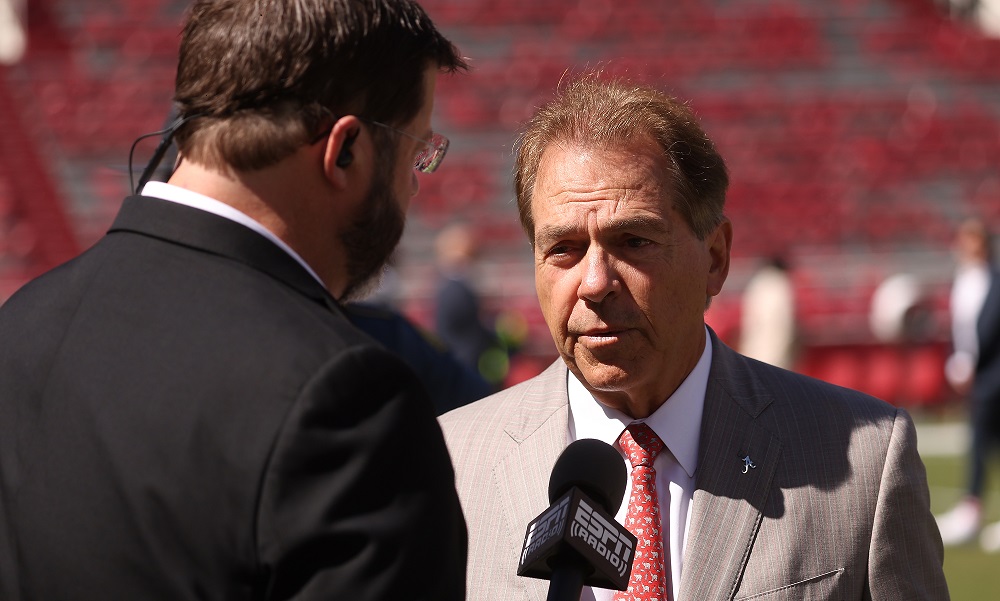 Alabama Head Coach Nick Saban gets interviewed by ESPN at Donald W. Reynolds Razorback Stadium in Fayetteville, AR on Saturday, Oct 1, 2022.