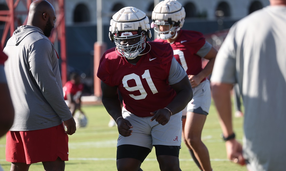 Alabama DL Jaheim Oatis (#91) in practice for Texas A&M prep week for 2022 matchup