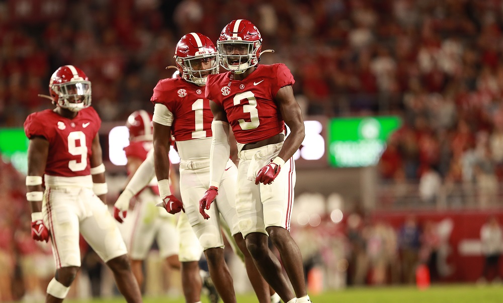 Alabama defensive back Terrion Arnold (3) celebrates against Texas A&M at Bryant Denny Stadium in Tuscaloosa, AL on Saturday, Oct 8, 2022.