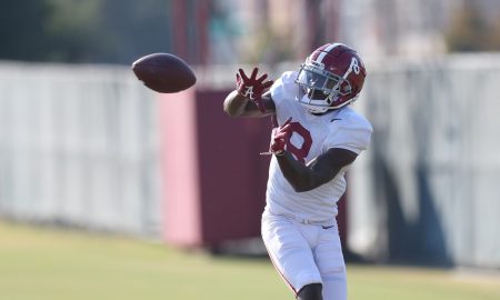 Alabama wide receiver Tyler Harrell (8) catches the ball during practice at Thomas-Drew Practice Fields in Tuscaloosa, AL on Tuesday, Oct 11, 2022.