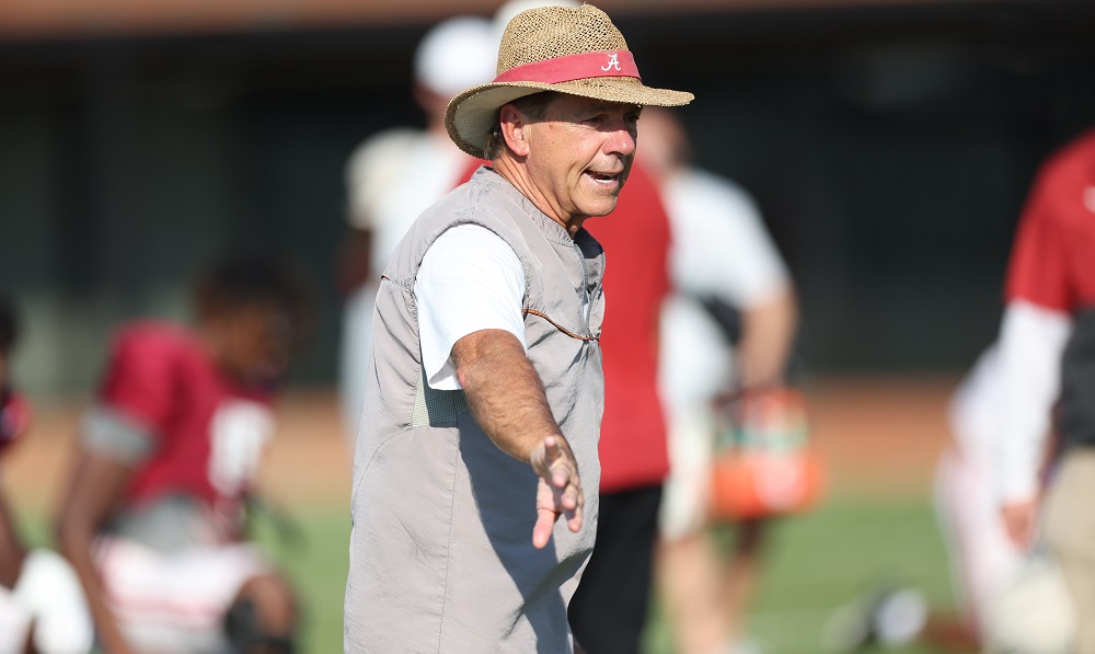 Alabama head coach Nick Saban giving signals in practice for the Tennessee game