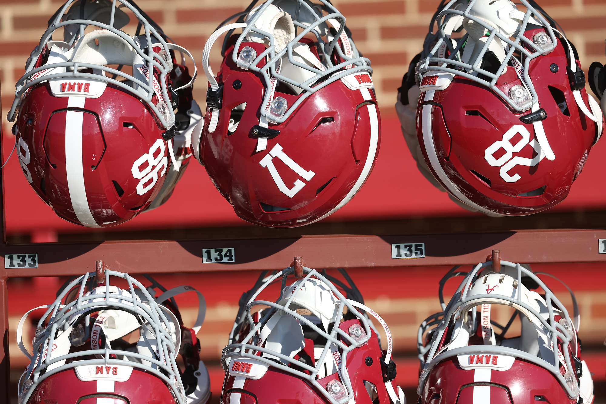 Helmets lined up during practice at Thomas-Drew Practice Fields in Tuscaloosa, AL on Monday, Oct 17, 2022.