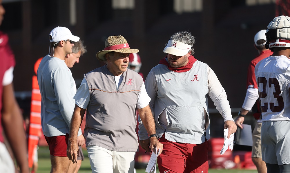 Alabama Head Coach Nick Saban and Alabama Defensive Coordinator / Inside Linebackers Coach Pete Golding discuss strategy during practice at Thomas-Drew Practice Fields in Tuscaloosa, AL on Monday, Oct 17, 2022.