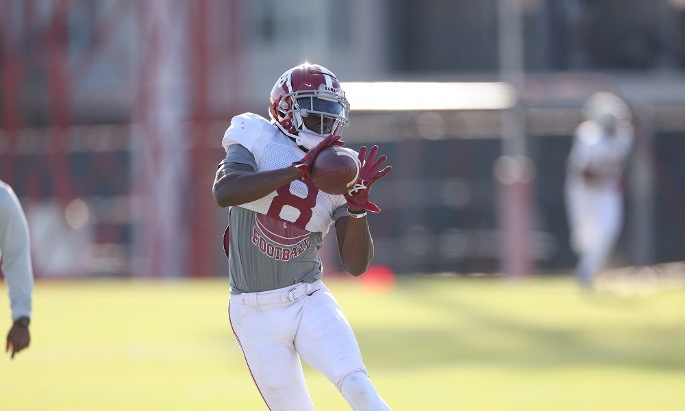 Alabama WR Tyler Harrell (#8) makes a catch during practice against Mississippi State
