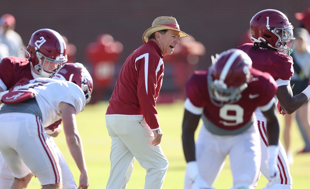 Alabama Head Coach Nick Saban coaches during practice at Thomas-Drew Practice Fields in Tuscaloosa, AL on Tuesday, Oct 18, 2022.