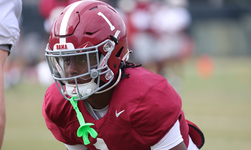 Alabama defensive back Kool-Aid McKinstry (1) lines up during practice at Thomas-Drew Practice Fields in Tuscaloosa, AL on Monday, Oct 31, 2022.
