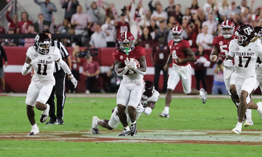 Alabama RB Jahmyr Gibbs runs loose in the secondary against Texas A&M